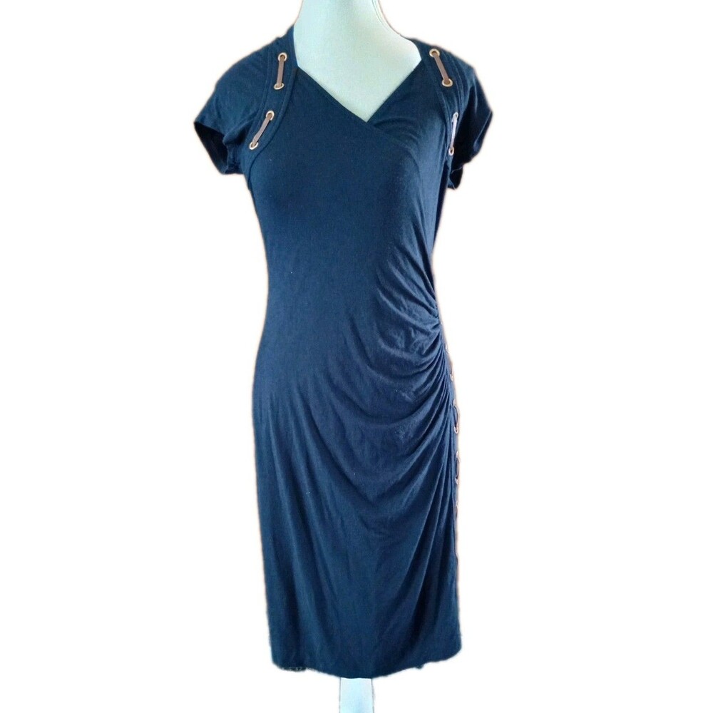 Carmen Marc Valvo Dress Womens M Blue Faux Wrap Grommet Ruched Midi Cap Sleeve